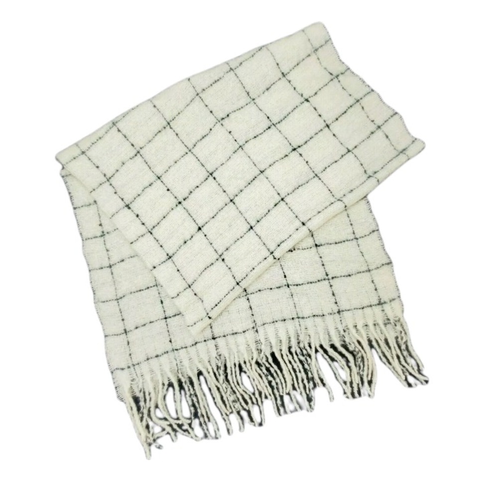 LOFT Women's Wool Blend Scarf Cream Black Check Rectangular One Size Fringe